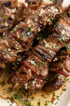 close up of Garlic Butter Steak Kabobs