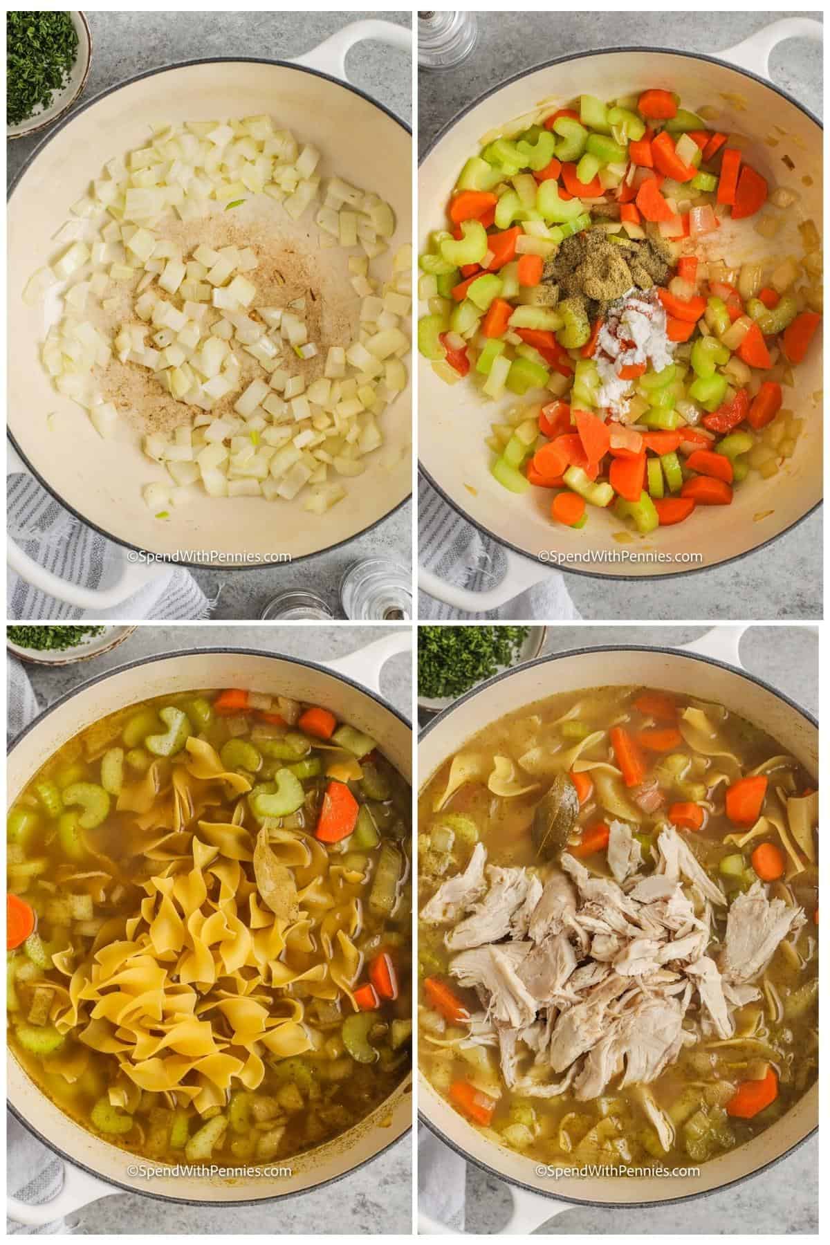 process of adding ingredients to pot to make Homemade Chicken Noodle Soup