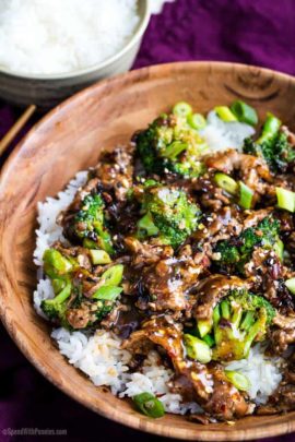 Bowl of beef and broccoli with rice