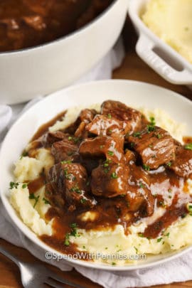 Beef Tips & Gravy served over mashed potatoes