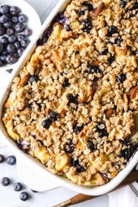 a dish with baked blueberry french toast bake