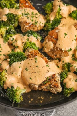 Chicken and Broccoli in the pan with cheese sauce on top