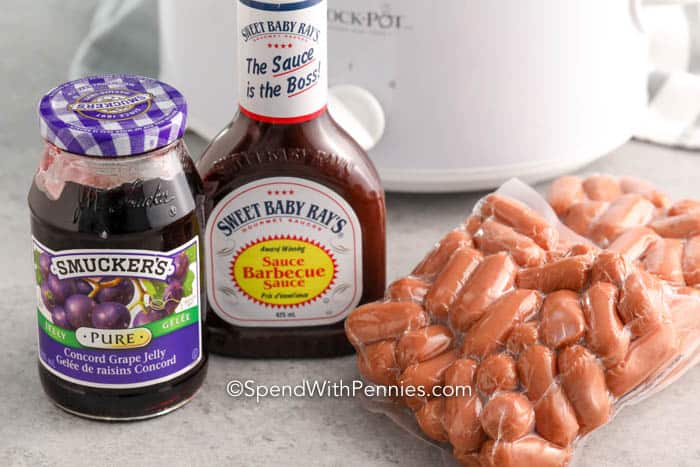 Ingredients for Crock-Pot Little Smokies on a marble board