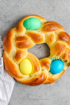 Top view of a baked loaf of Easter Bread