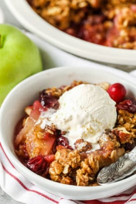 close up of Cranberry Apple Crisp in a white bowl