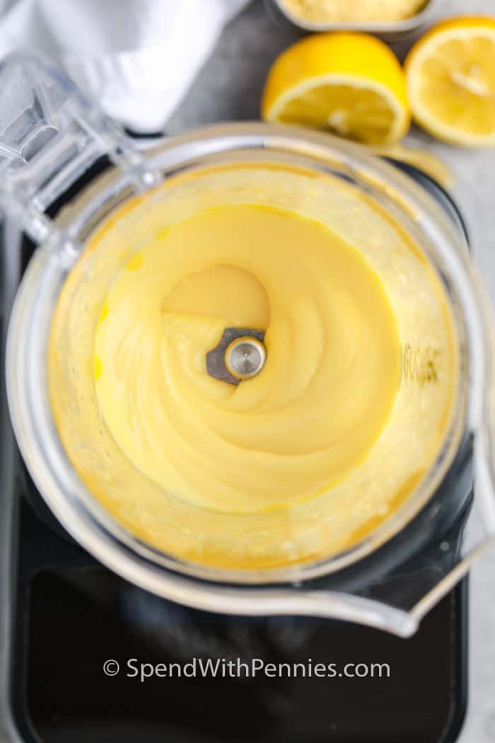 Top view of hollandaise sauce being blended