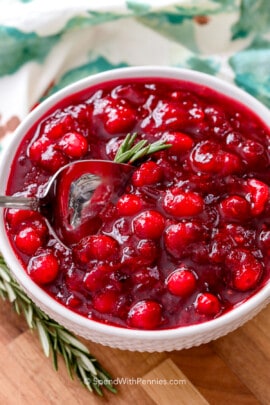 A spoon in a bowl of homemade cranberry sauce