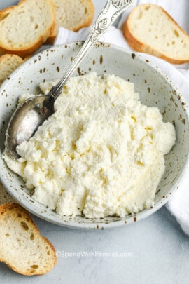 a bowl of homemade ricotta cheese next to crostini