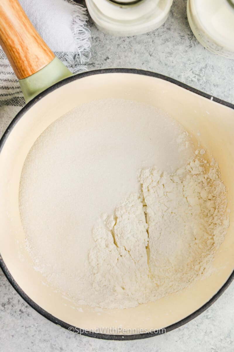 flour and sugar in a pan to make Homemade Vanilla Custard