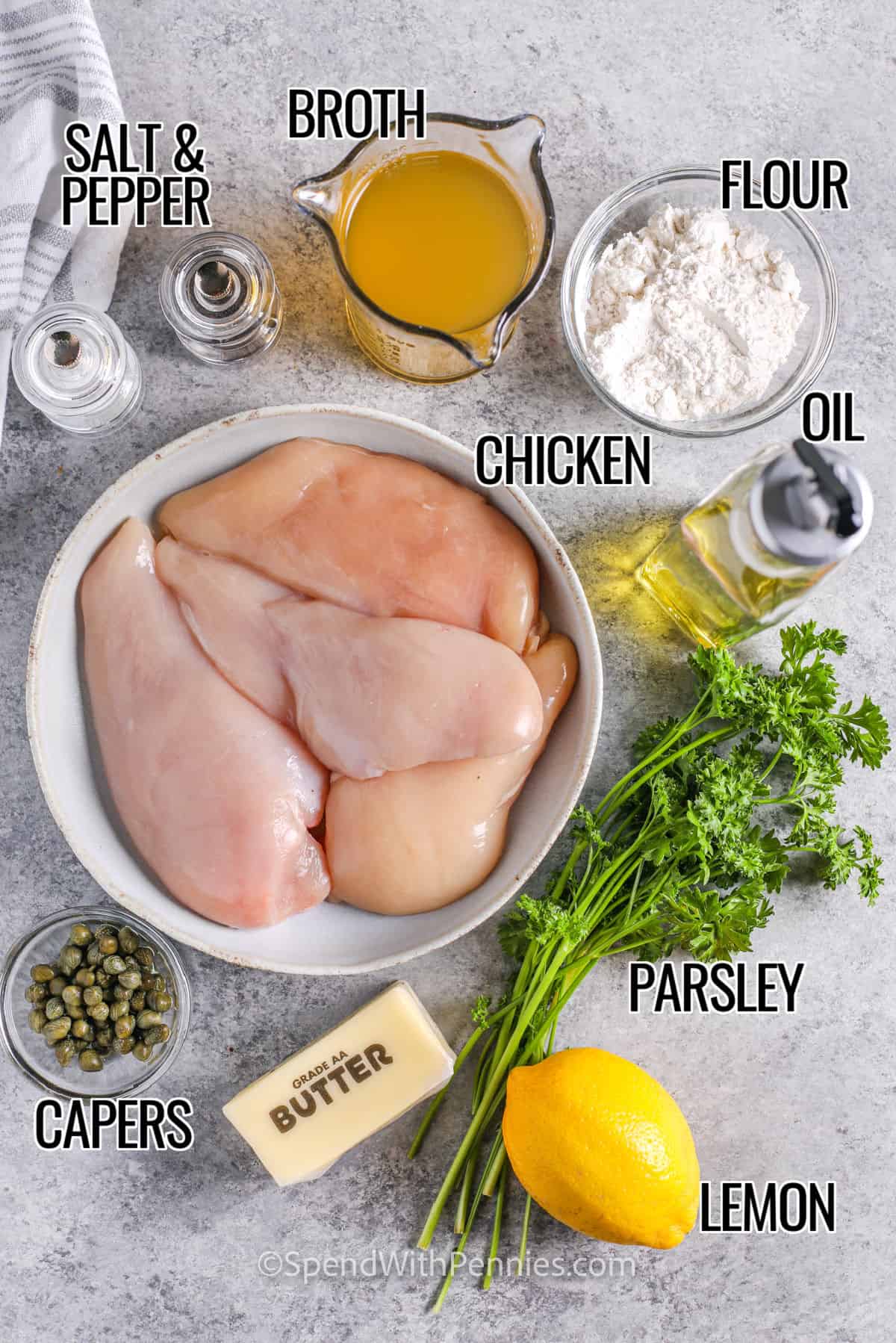 chicken , capers , parsley , lemon , oil, broth and seasonings to make Chicken Piccata with labels