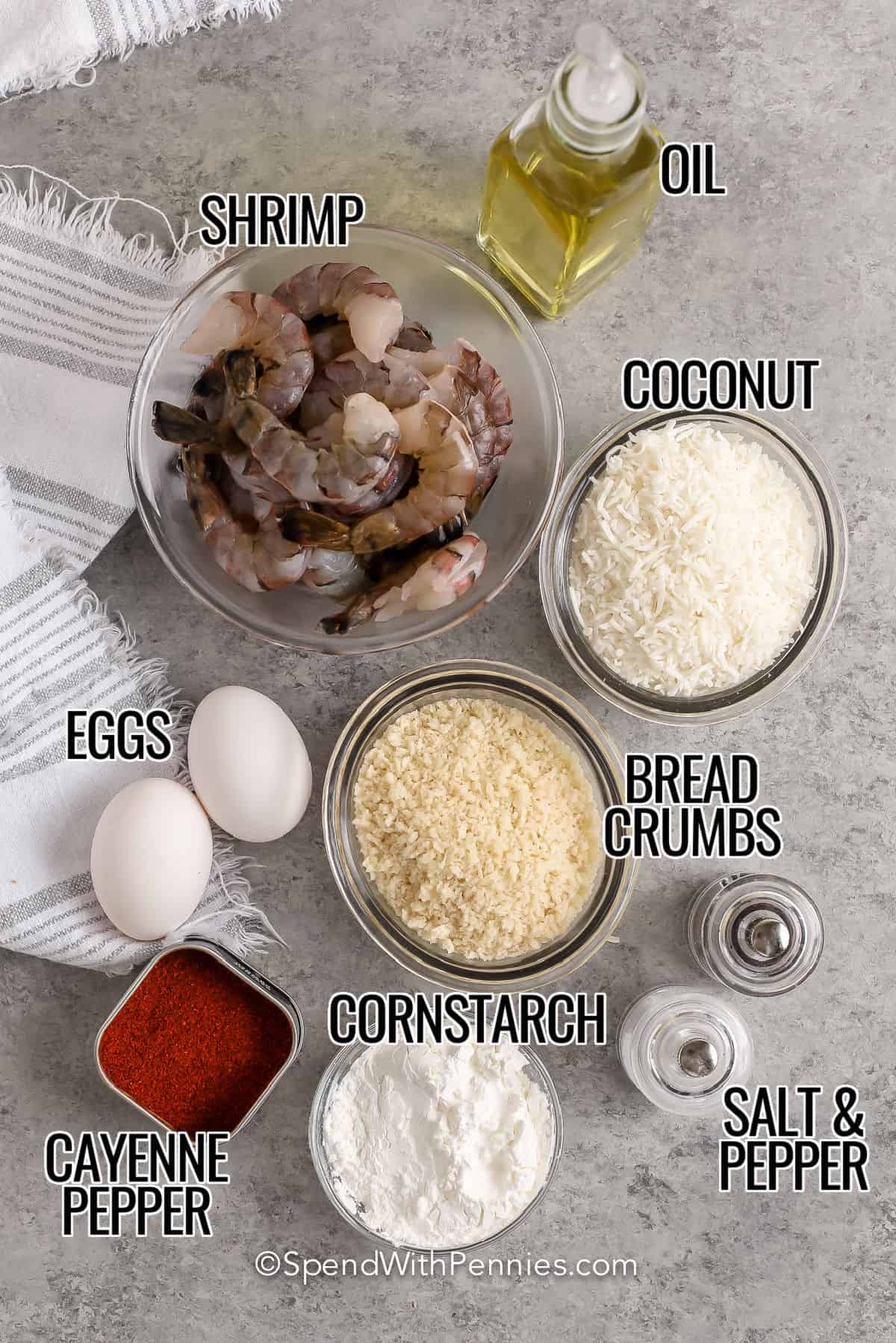 Labeled image of all ingredients required to make coconut shrimp