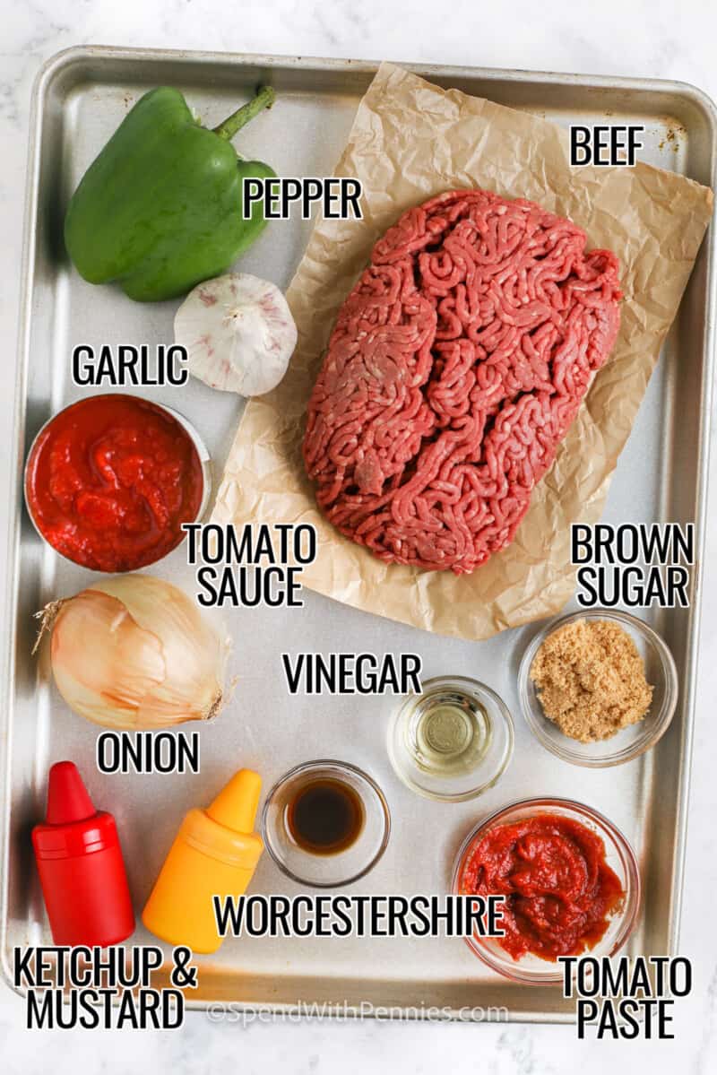 Ingredients for sloppy joes on a  pan