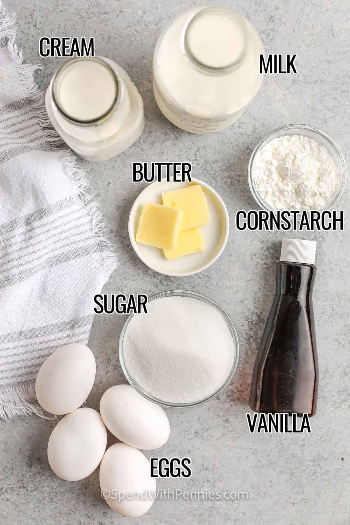 ingredients to make Vanilla Custard with labels