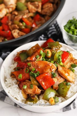 A serving of Kung Pao Chicken over rice