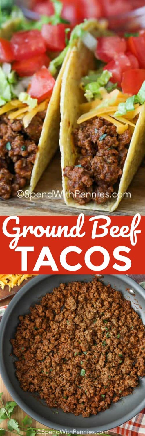Ground beef tacos on a wooden board and ground beef in a pan with a title