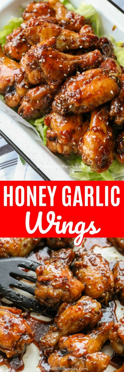 Honey Garlic Chicken Wings with writing