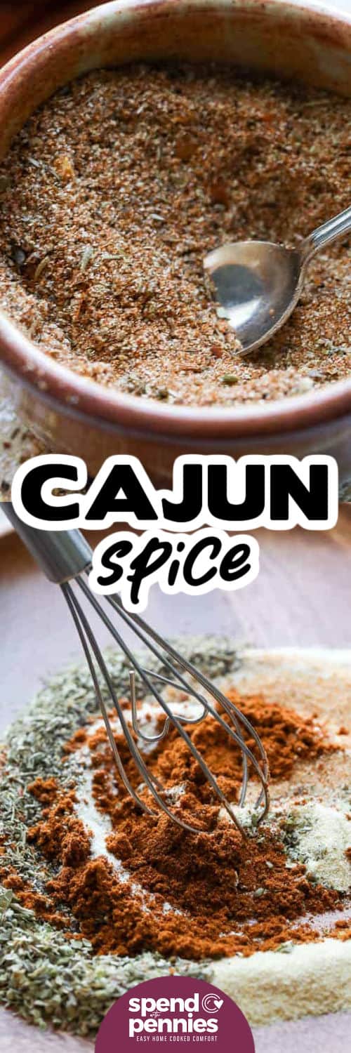 mixing spices to make Cajun Seasoning and spice in a bowl with a title
