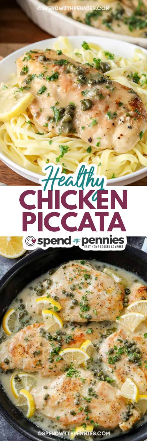 cooked Chicken Piccata in the pan and plated dish with writing