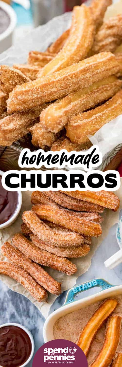 dipping Churros in cinnamon and sugar and photo of plated dish with a title