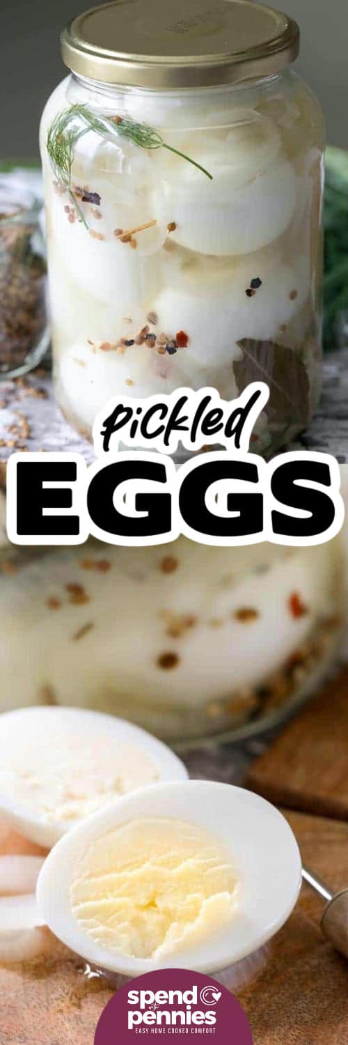 egg cut in half and eggs in a jar for Easy Pickled Eggs