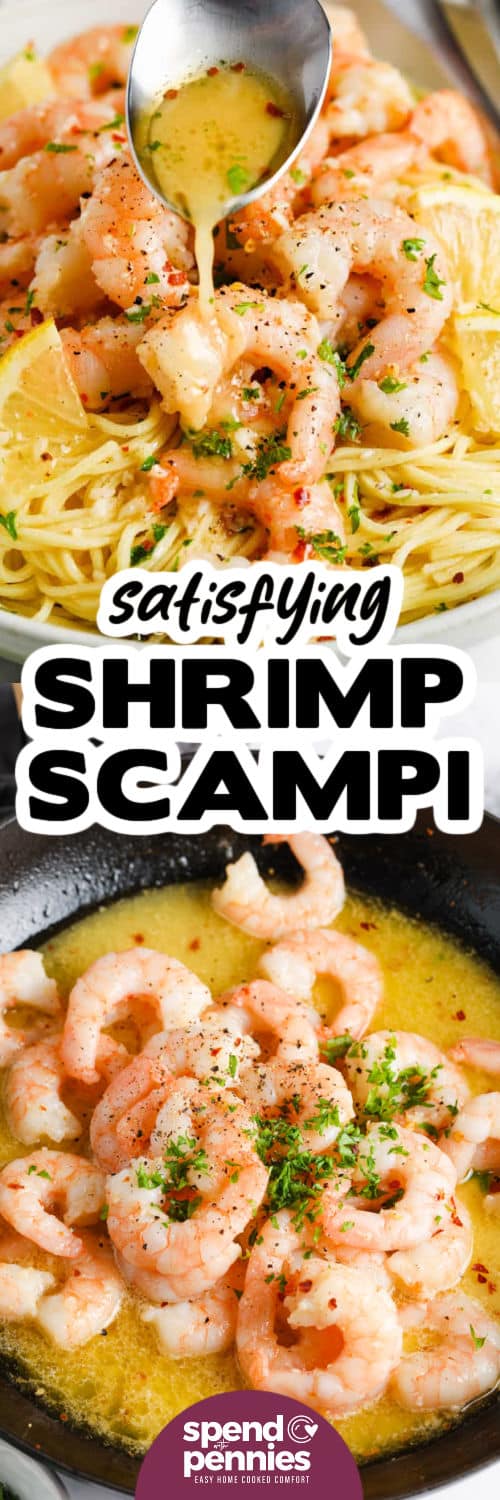 Easy Shrimp Scampi Recipe in the pan and plated with a title
