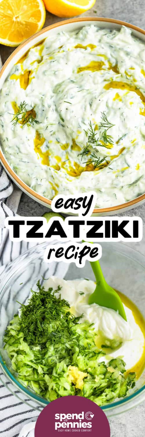 mixing ingredients to make Easy Tzatziki Recipe and plated dish with a title