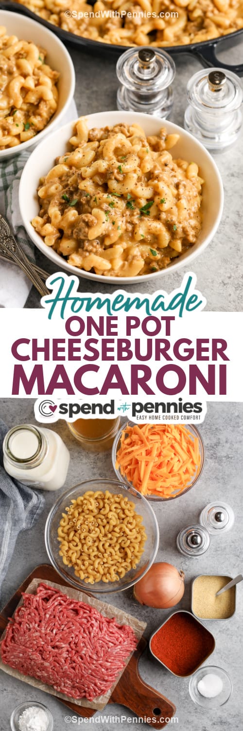 homemade one pot cheeseburger macaroni and ingredients with text