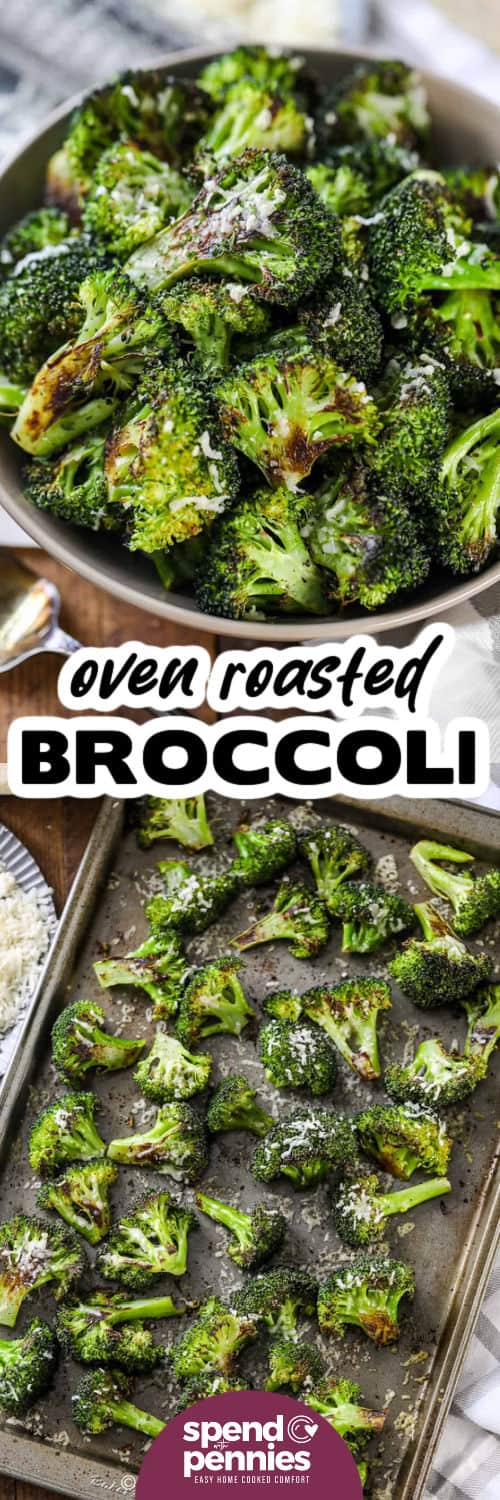 Oven Roasted Broccoli on a baking sheet and plated with a title