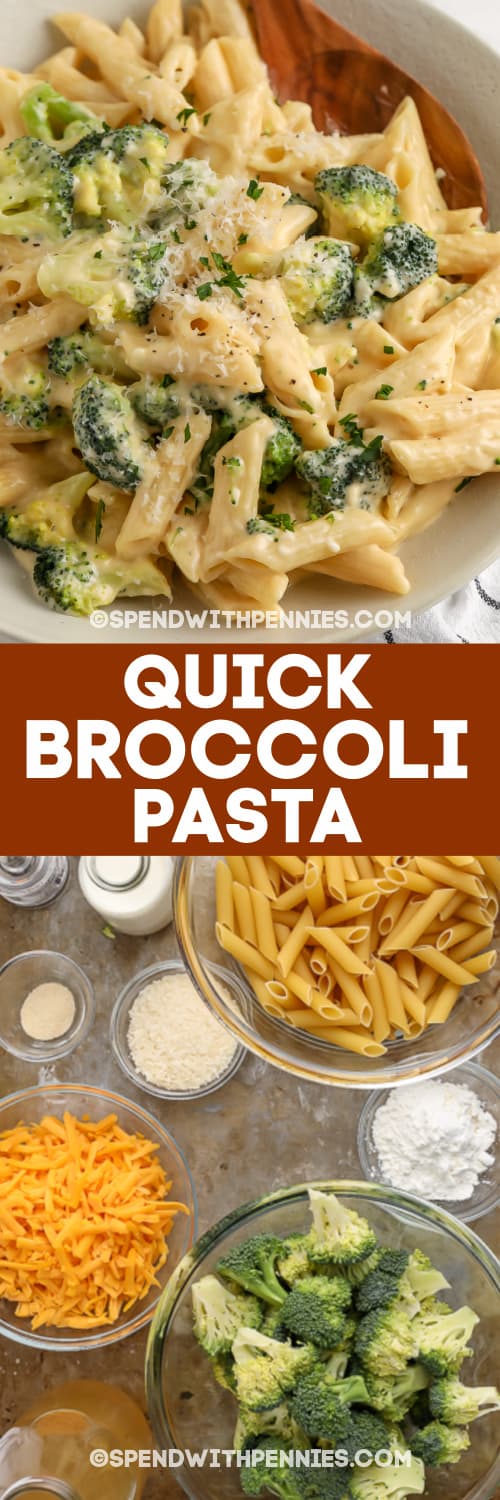 broccoli pasta and ingredients with text