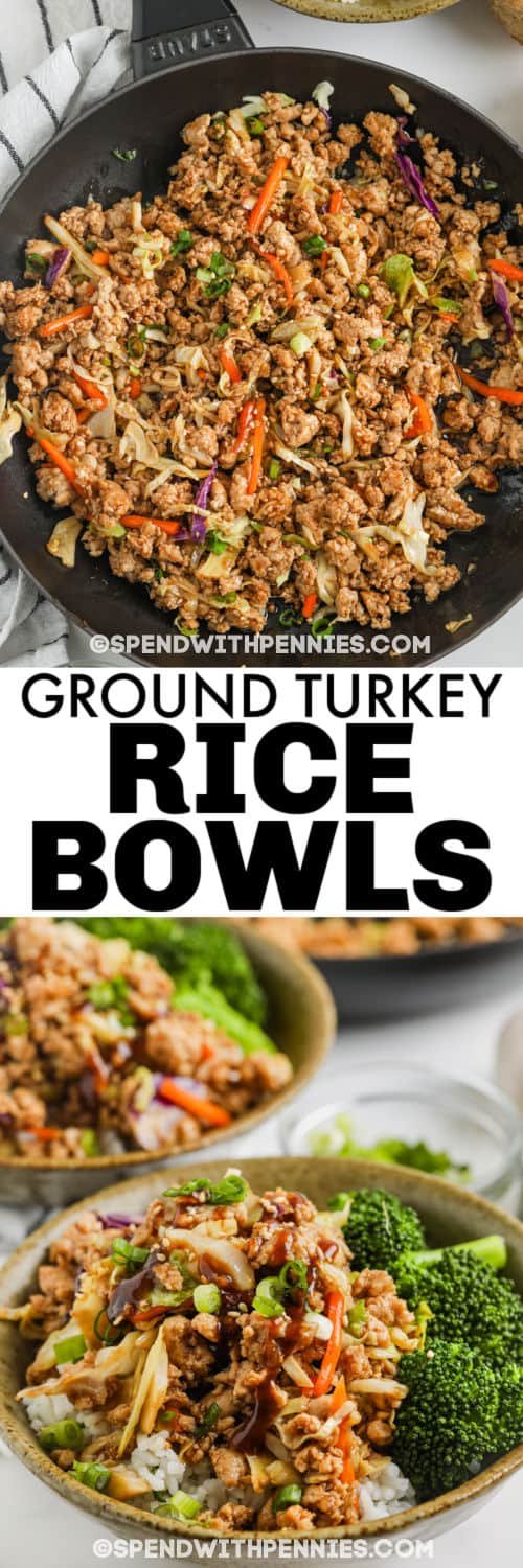 cooking and plated Sesame Ground Turkey Bowls with a title