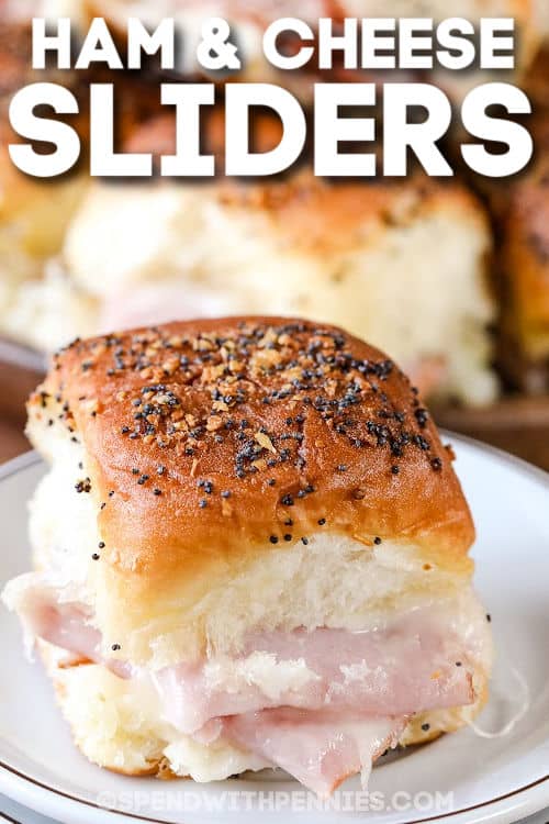 plated Baked Ham and Cheese Sliders with a title
