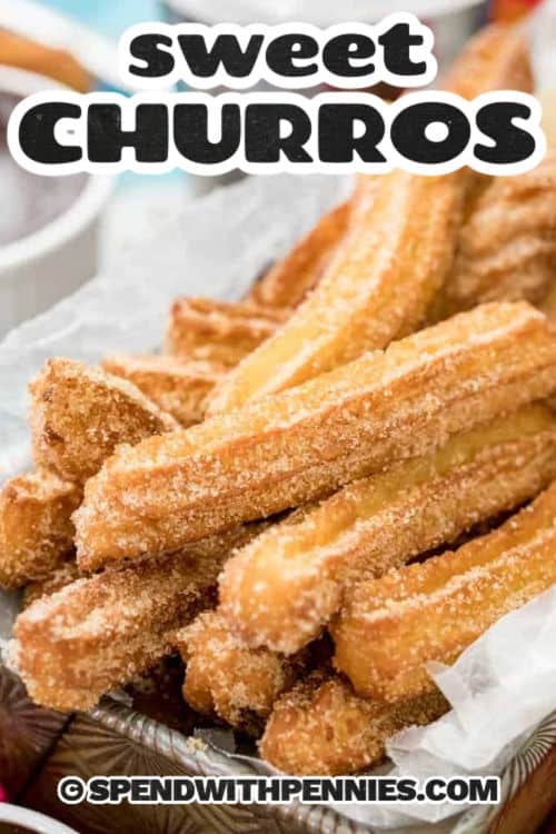 close up of Churros in a basket with a title