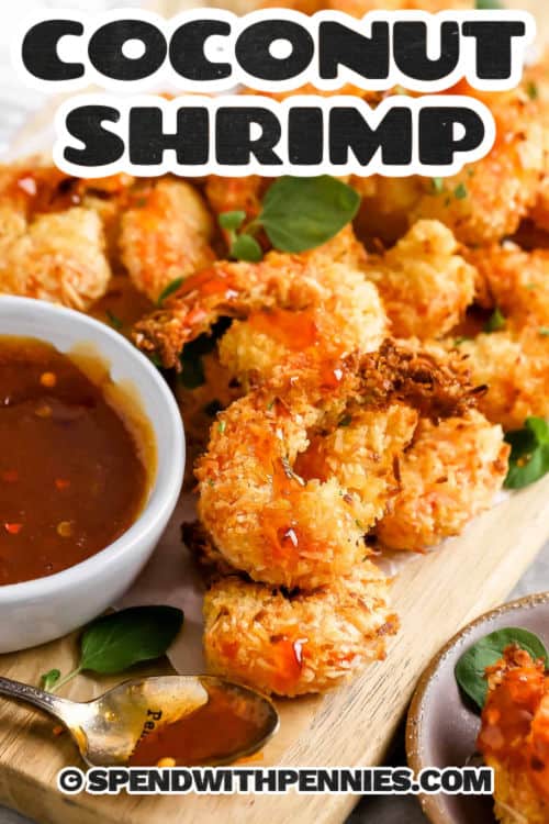 Coconut Shrimp with sauce and a title