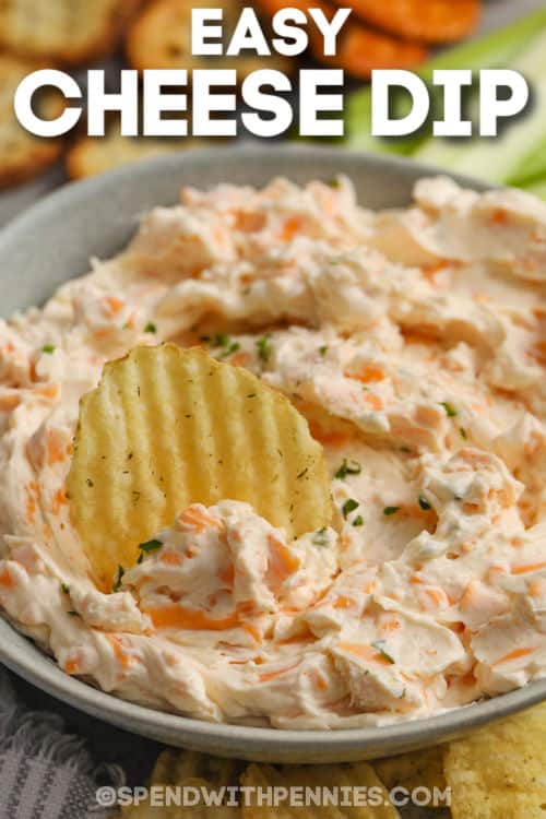 Easy Cheese Dip in a bowl with writing