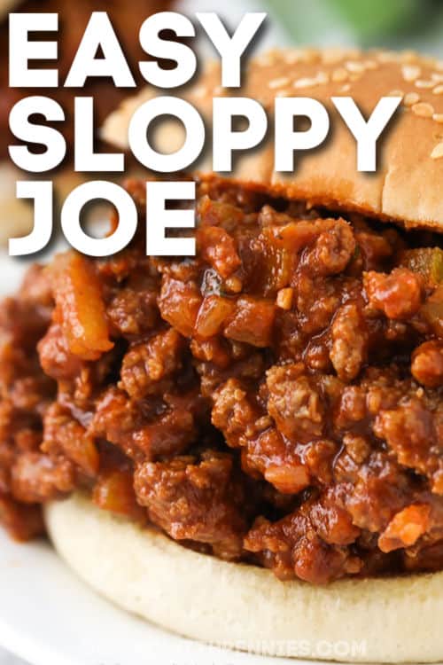 close up of cooked Easy Sloppy Joe Recipe on a plate with writing