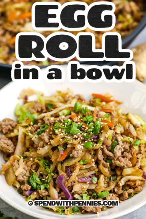 Egg roll in a bowl with text