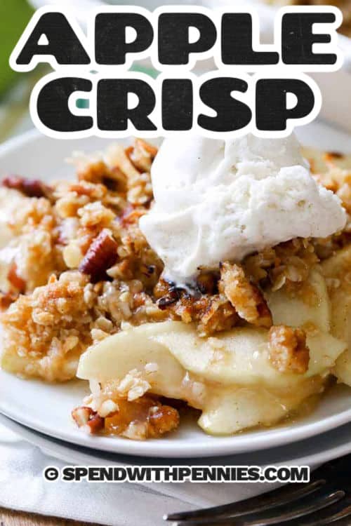 Homemade Apple Crisp Recipe and ice cream with writing