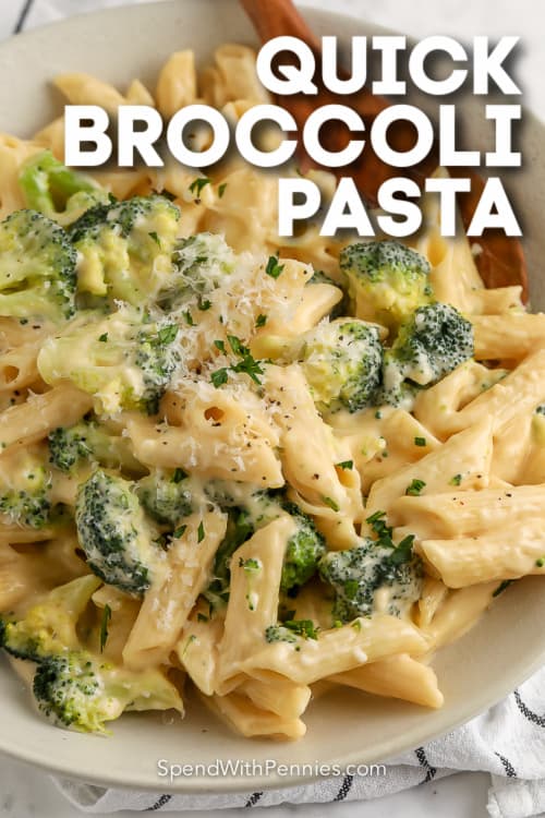 broccoli pasta on a white plate with text