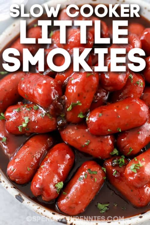 plated Slow Cooker Little Smokies with writing