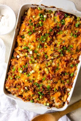 Potato Chicken Casserole in a dish baked with cheese