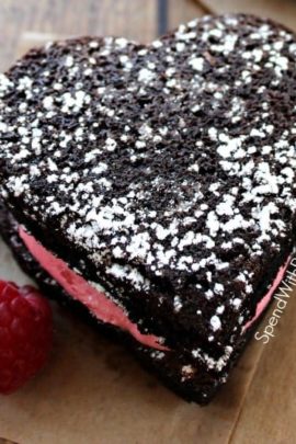 raspberry stuffed brownies in a heart shape