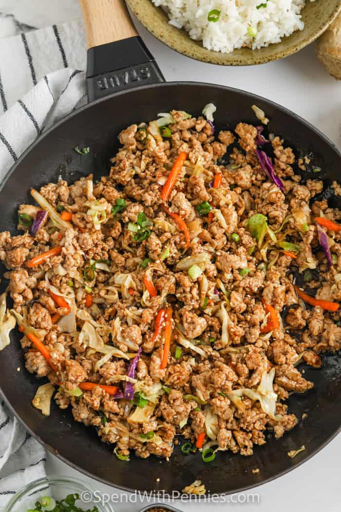 cooking ingredients with sauce to make Sesame Ground Turkey Bowls