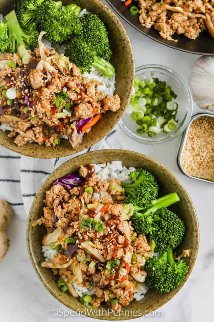top view of plated Sesame Ground Turkey Bowls
