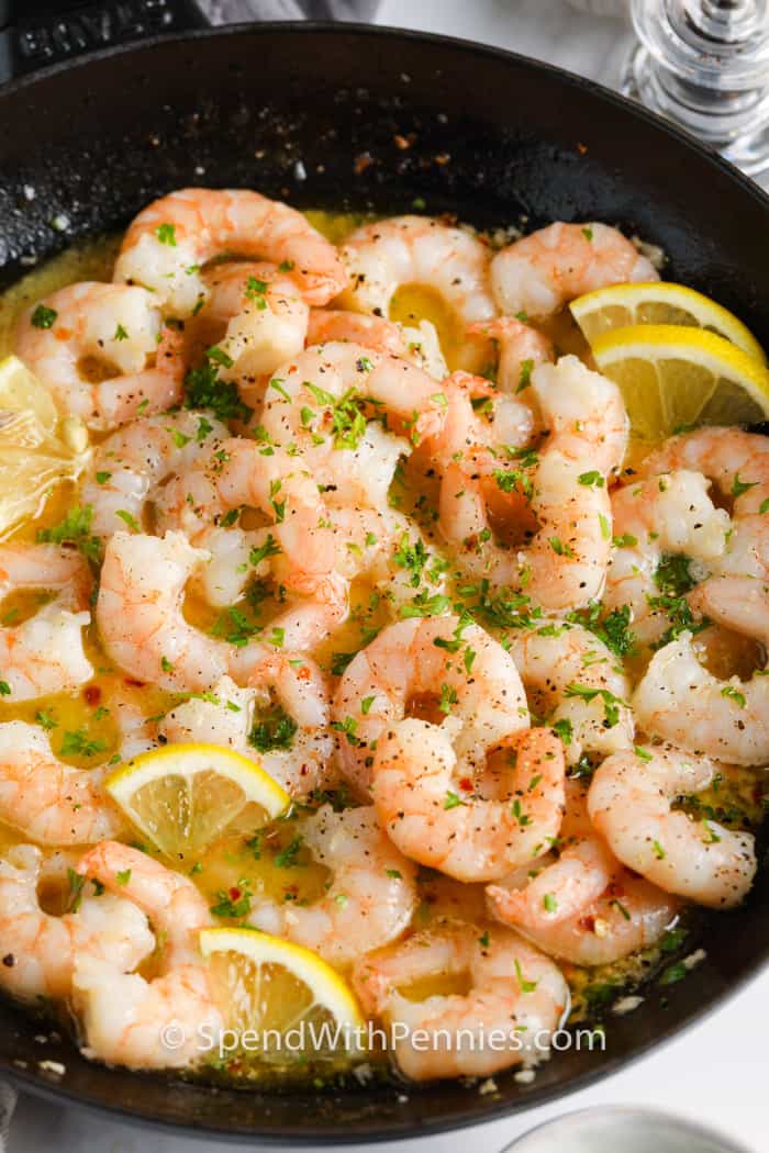 Shrimp Scampi in a frying pan