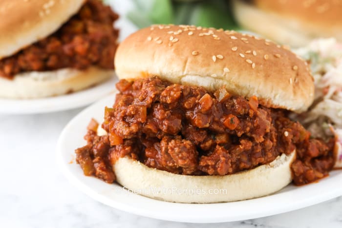 Sloppy joe on a plate with coleslaw