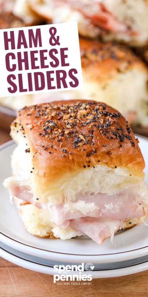 plated Baked Ham and Cheese Sliders with writing