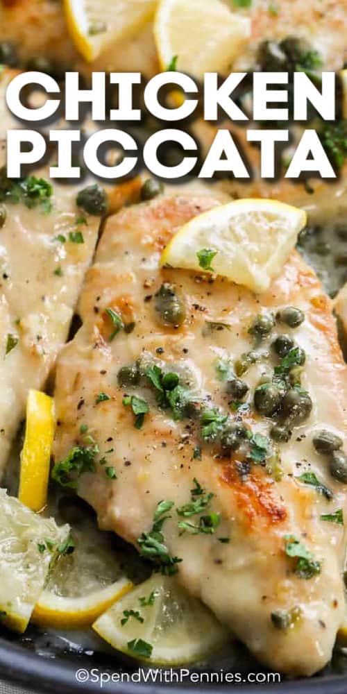 close up of cooked Chicken Piccata with a title