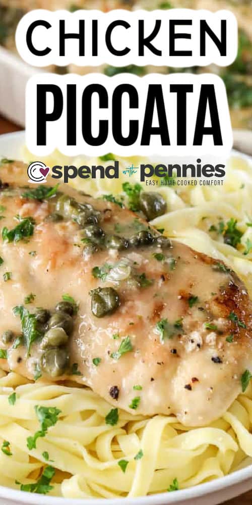 close up of Chicken Piccata with a title