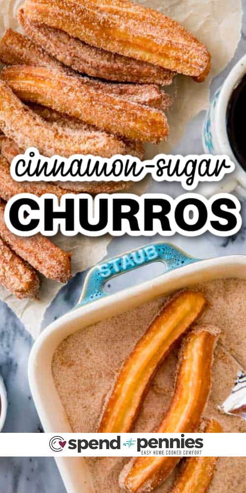 dipping Churros in cinnamon sugar with writing