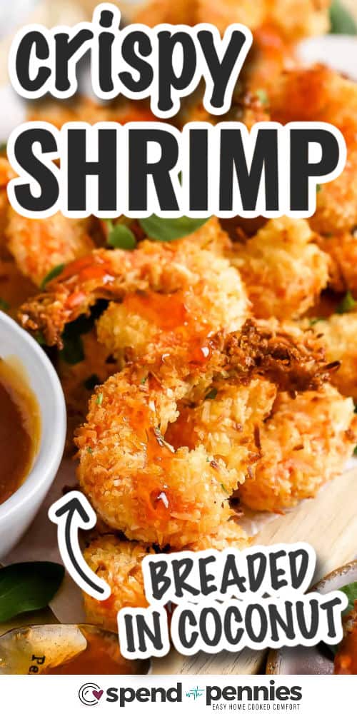 close up of Coconut Shrimp with writing